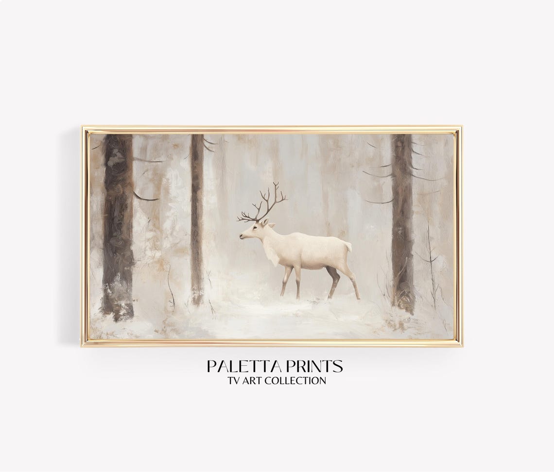 Majestic White Stag in Snowy Winter Forest Neutral Minimalist Poster