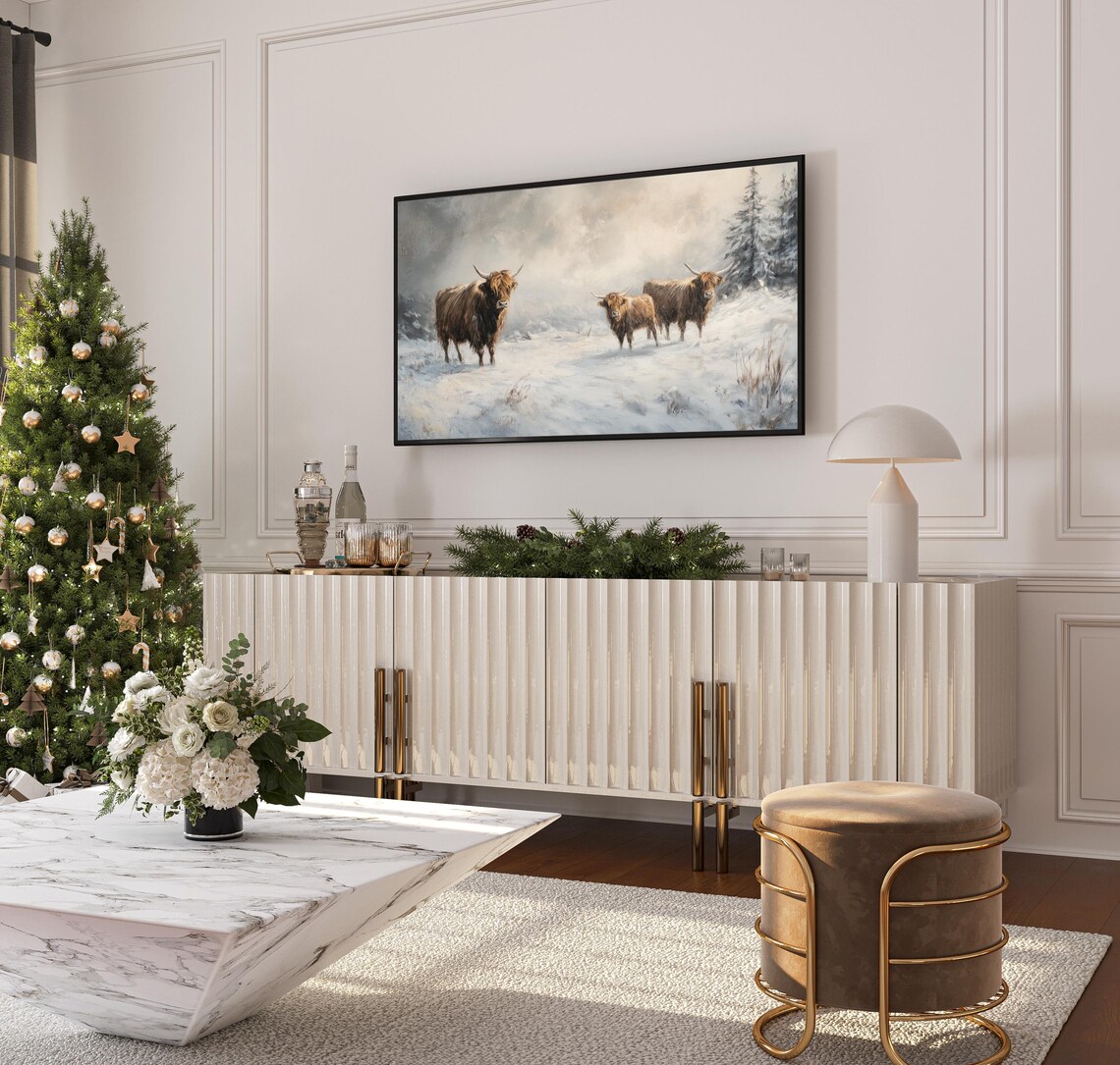 Highland Cattle Snowy Winter Field Rustic Farmhouse Painting Tv Poster - Image 3