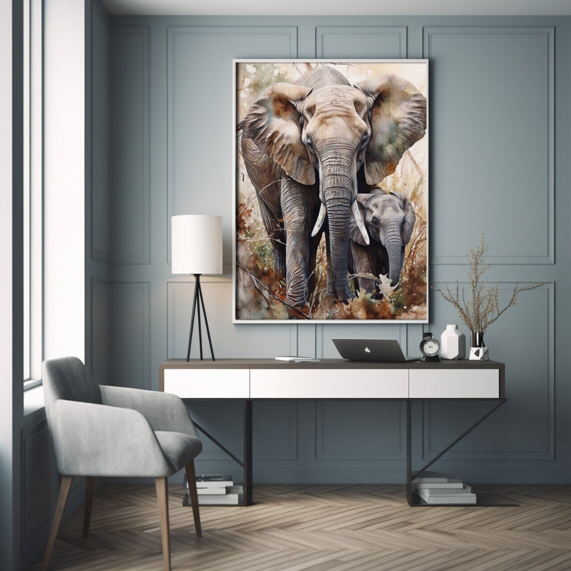 African Elephant and Calf Watercolor Wildlife Safari Painting Poster - Image 2