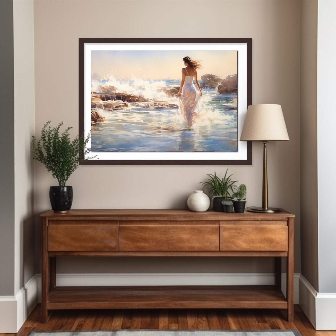 Watercolor Painting Of Woman Walking In Shallow Ocean Waves Beach House Costal Living Decor Shores Of Serenity - Image 2