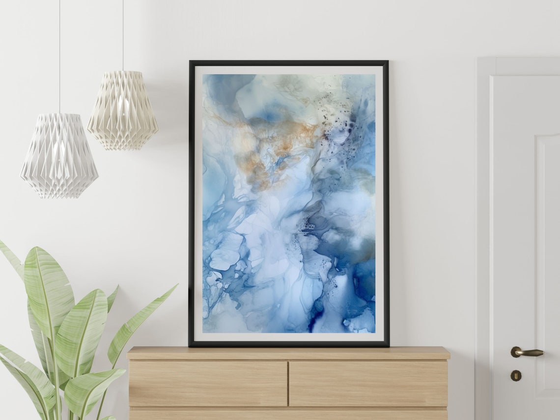 Blue and Gold Abstract Watercolor Serene Modern Painting Poster - Image 2