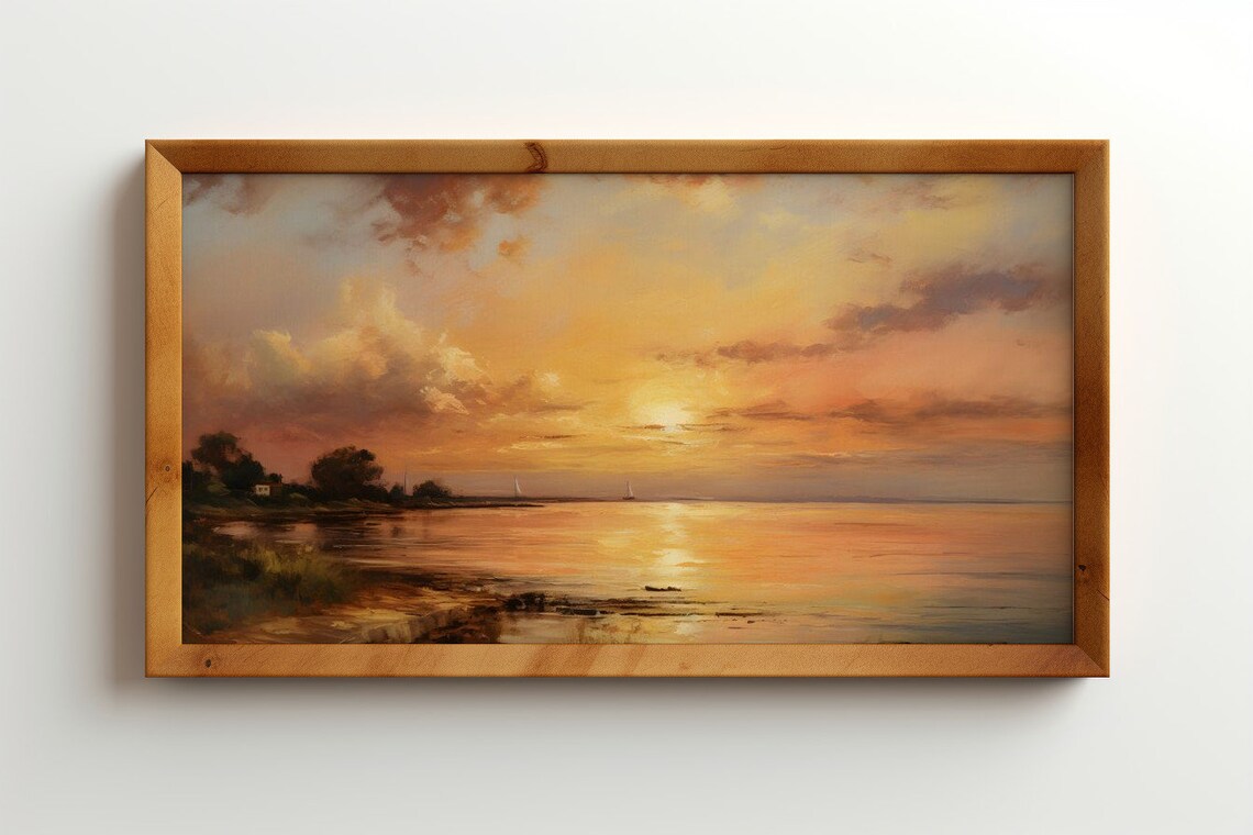 Golden Serenity Sunset By The Seashore Antique Country Print - Image 3