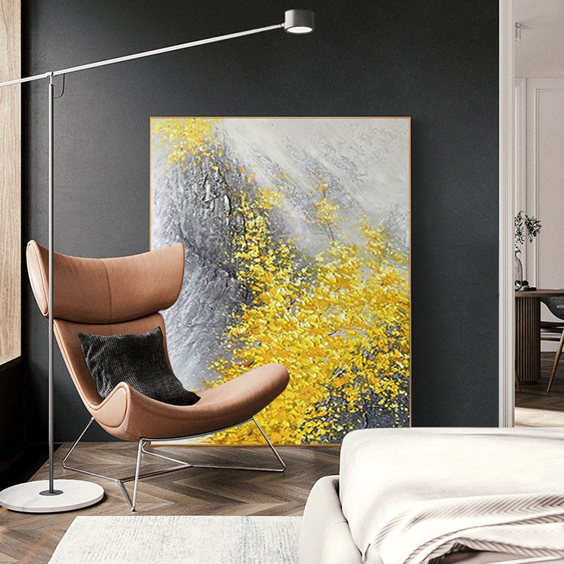 Yellow Abstract Flower Oil Painting Abstract White Black Mountain Landscape Oil Painting On Wall Art Palette Knife Acrylic Painting - Image 2