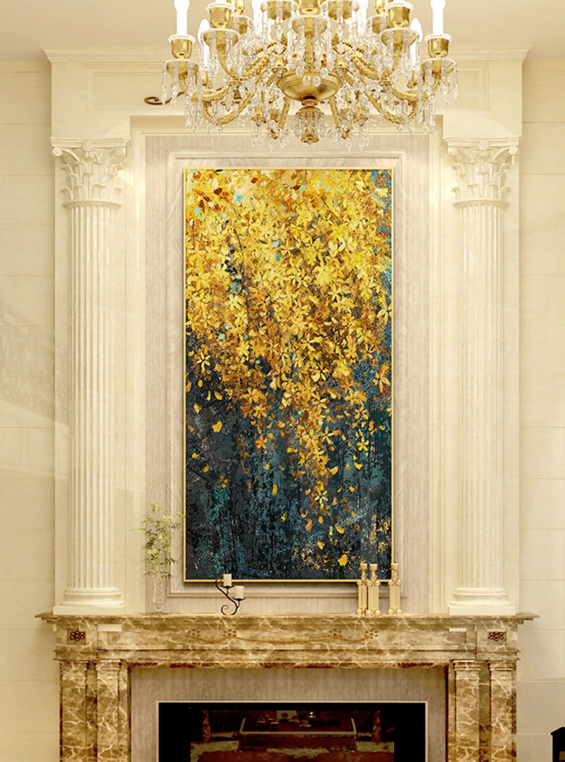 Yellow Bloom Abstract Oil Painting, Dark Turquoise - Image 4