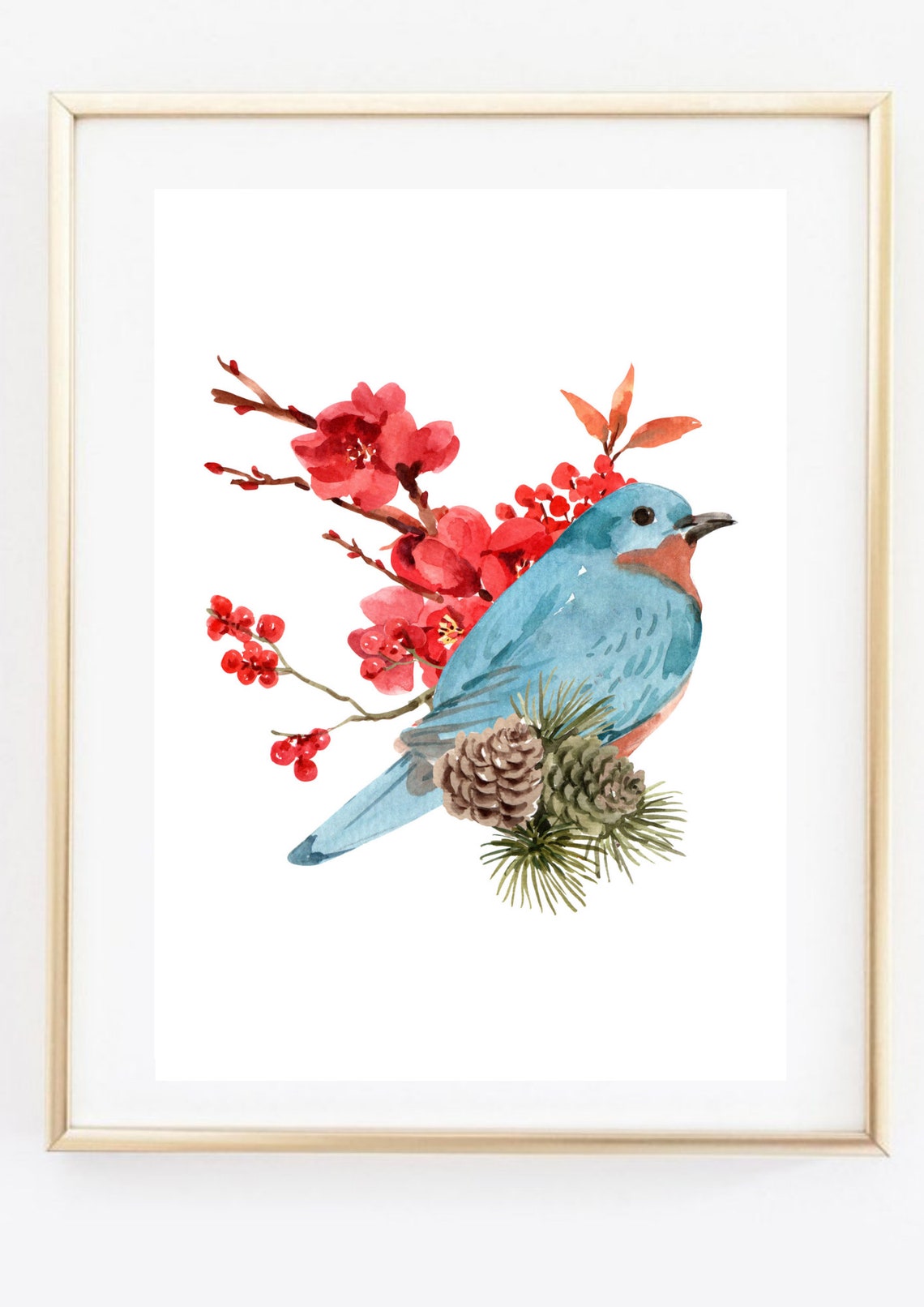 Blue Winter Bird with Red Blossoms Watercolor Christmas Decor Poster - Image 3