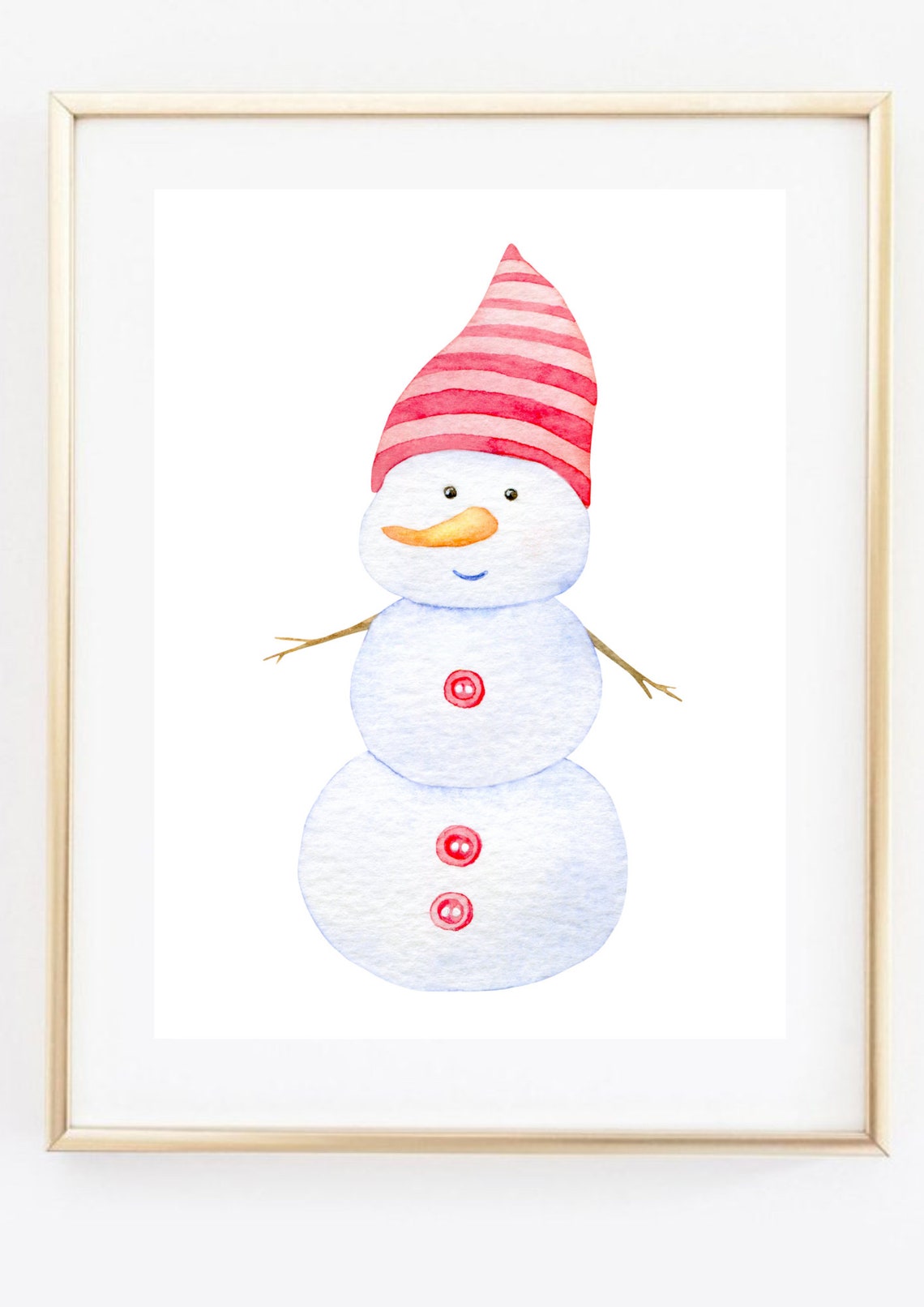 Cute Snowman Watercolor Red Striped Hat Christmas Holiday Wall Poster - Image 2