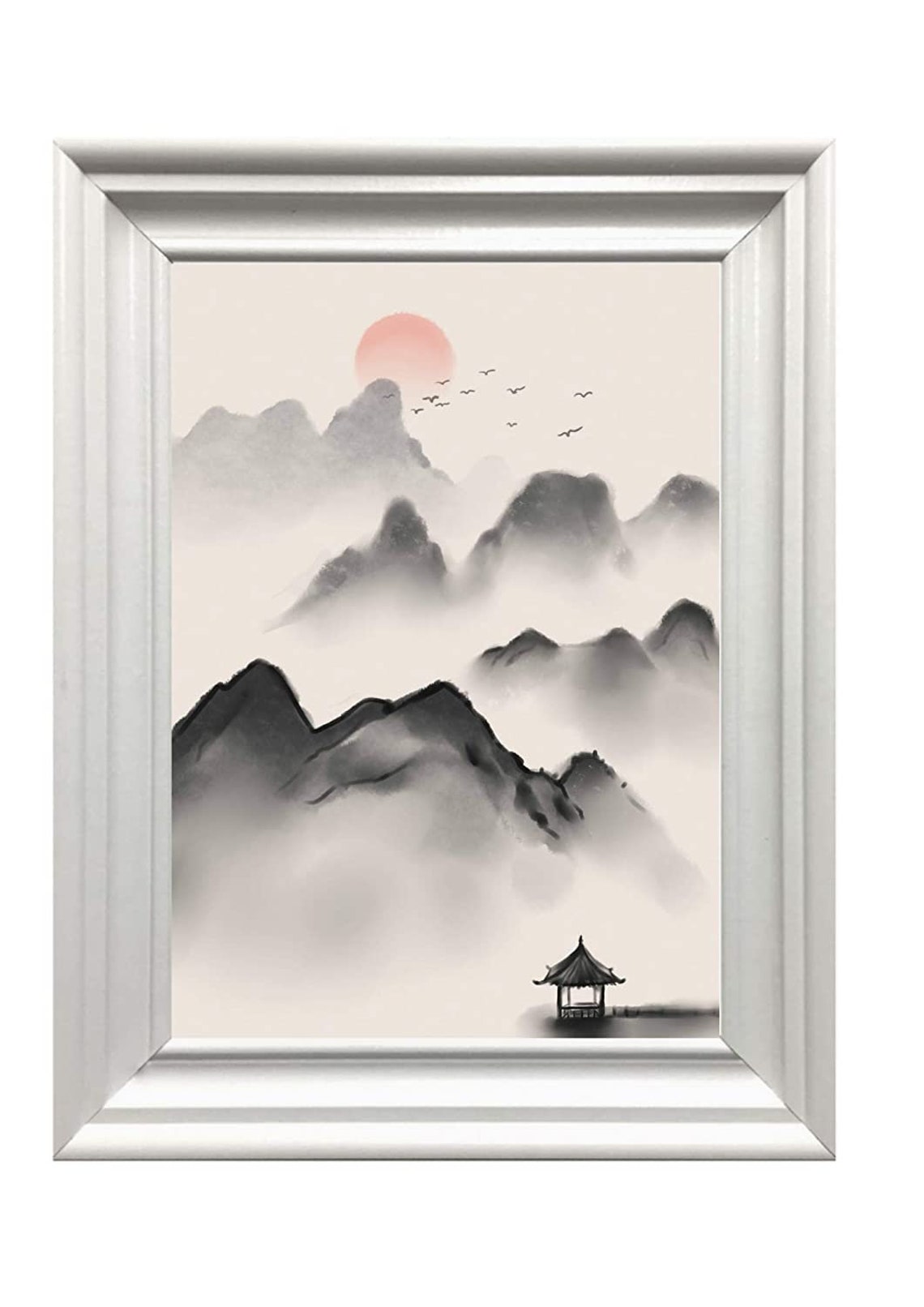 Japanese Ink Mountain Mist Red Sun Pagoda Landscape Art Poster - Image 2