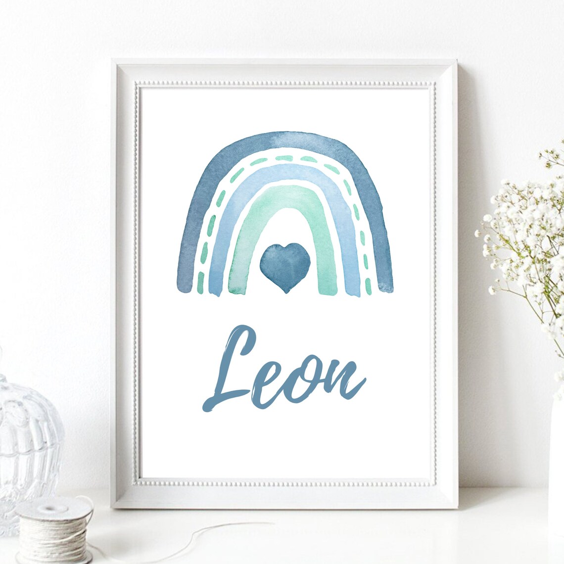 Blue Watercolor Rainbow Heart Personalized Name Kids Room Poster