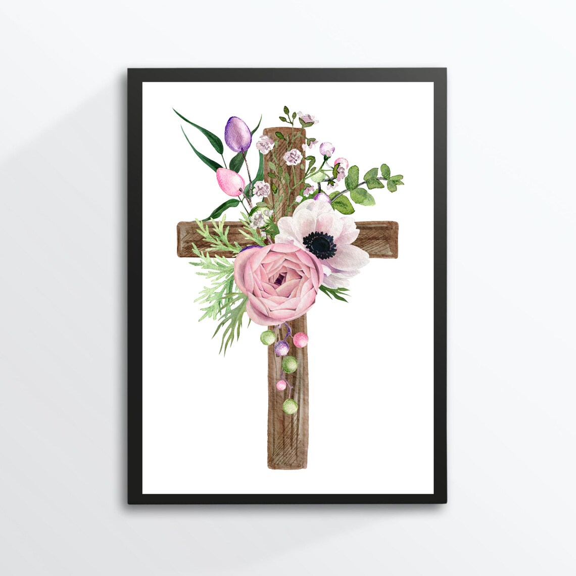 Wooden Cross With Pink Roses Floral Watercolor Christian Art Print - Image 3