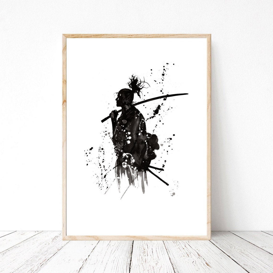 Samurai Warrior Ink Splash Japanese Katana Watercolor Art Print