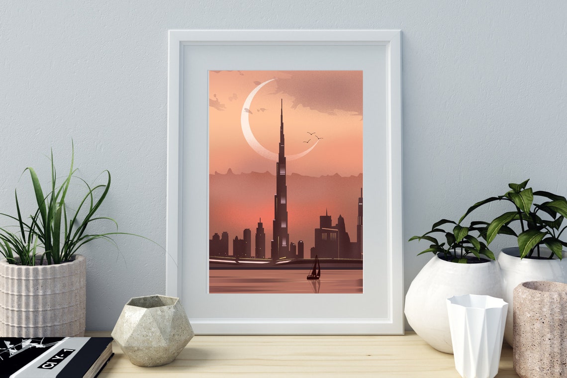 Dubai Burj Khalifa Sunset Crescent Moon Skyline Illustration Poster - Image 2