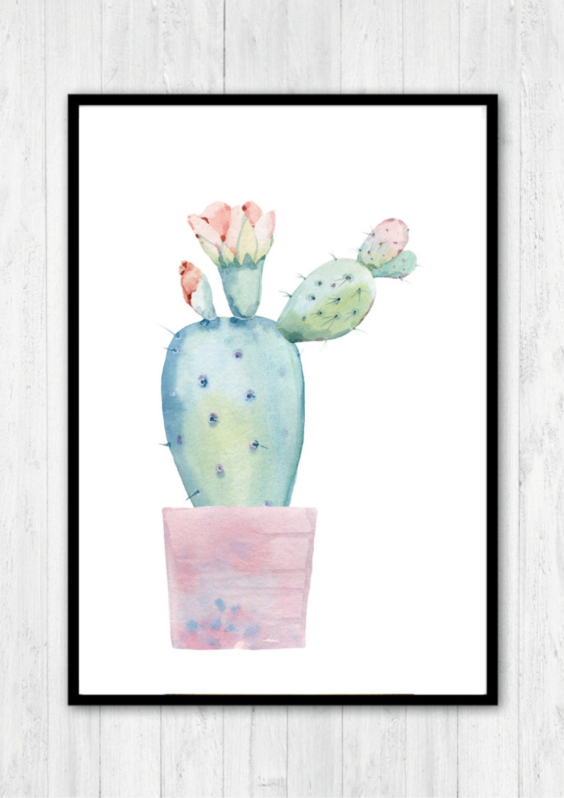 Prickly Pear Cactus Pink Buds Pastel Watercolor Succulent Print - Image 2