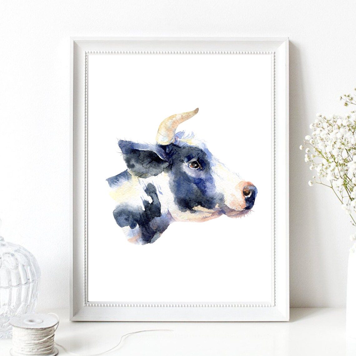 Black White Bull Cow Head Watercolor Farm Animal Portrait Art Print
