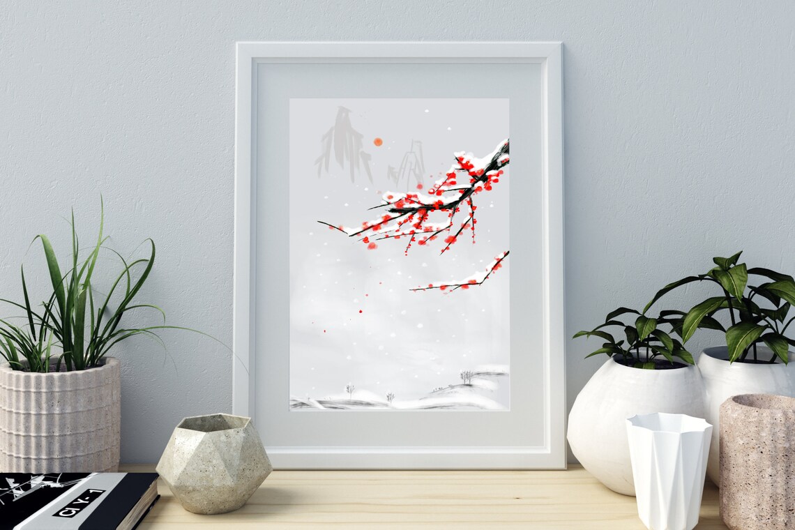 Winter Red Blossom Branch Snow Asian Watercolor Minimalist Wall Art - Image 2