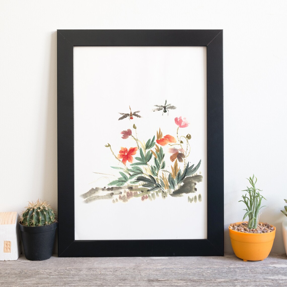 Wildflower Meadow Dragonflies Ink Wash Asian Watercolor Wall Art - Image 3
