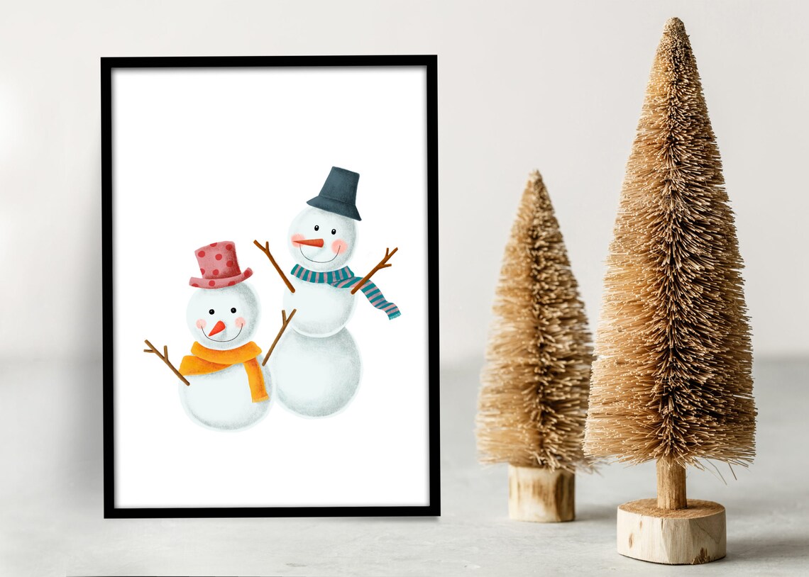 Cute Snowmen Couple Winter Watercolor Christmas Holiday Wall Art - Image 3