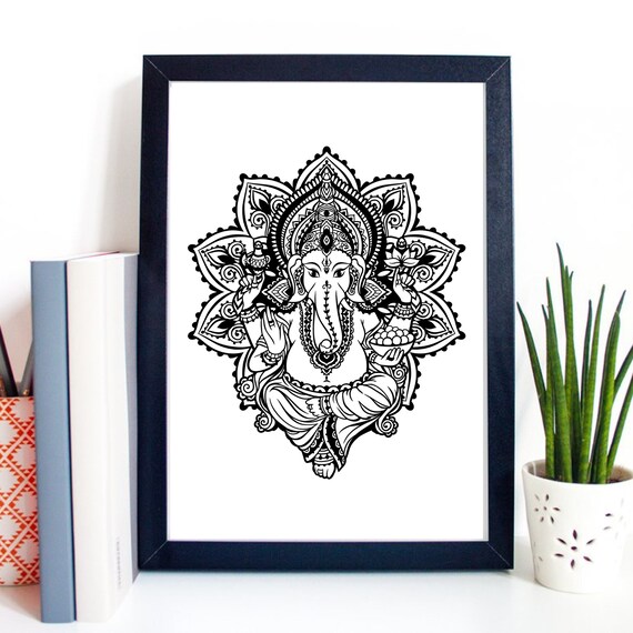 Ornate Mandala Ganesha Hindu Elephant God Intricate Line Art Poster