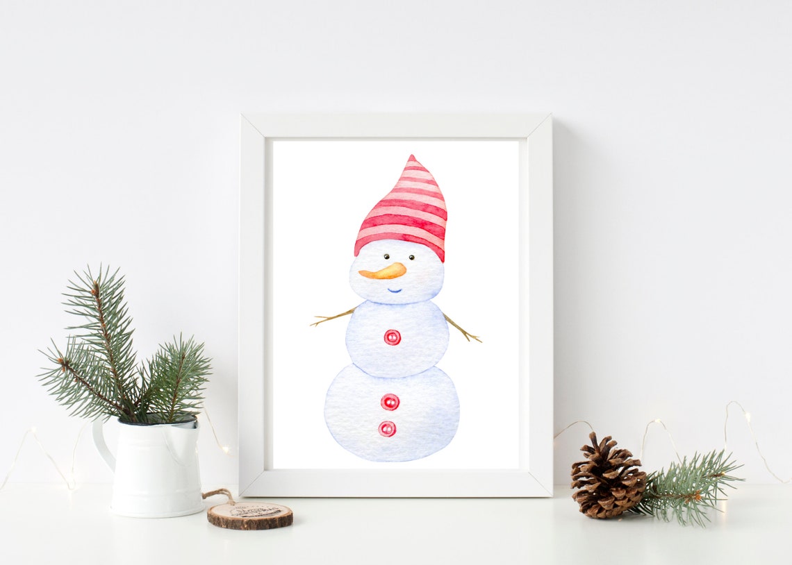 Cute Snowman Watercolor Red Striped Hat Christmas Holiday Wall Poster