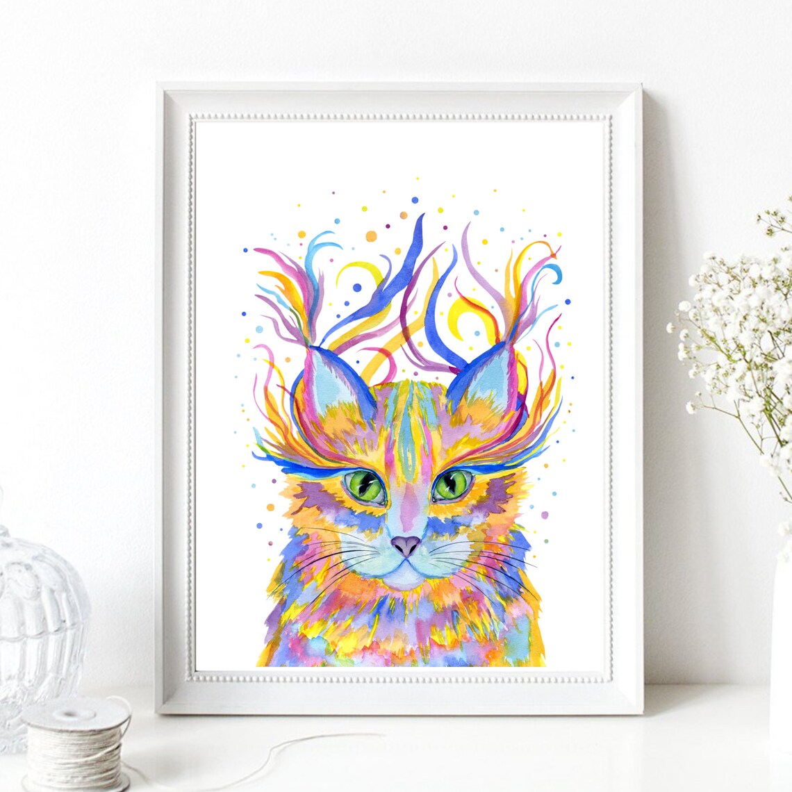 Rainbow Fantasy Cat Green Eyes Colorful Watercolor Animal Wall Art