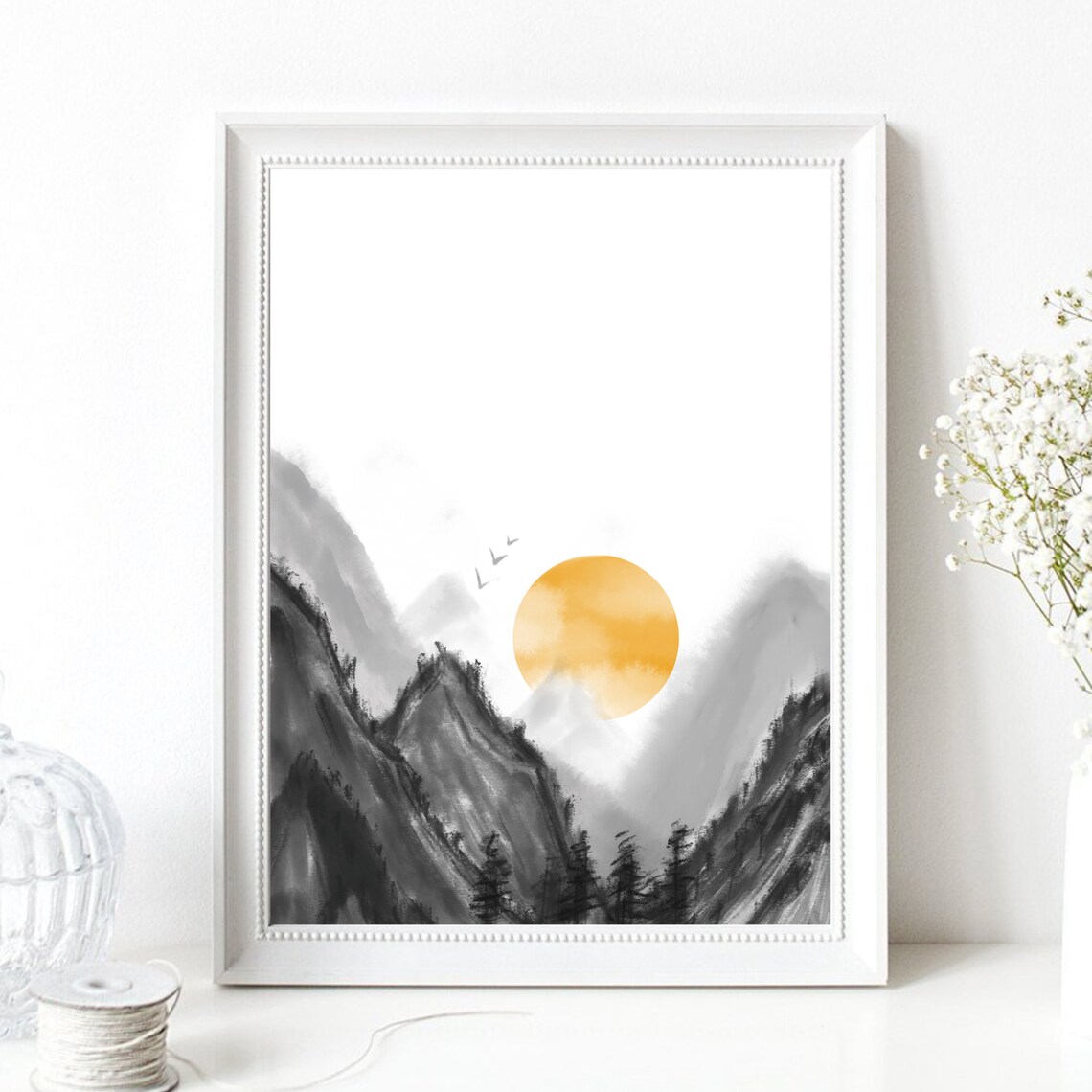 Golden Sun Rising Over Misty Ink Wash Mountain Peaks Art Poster