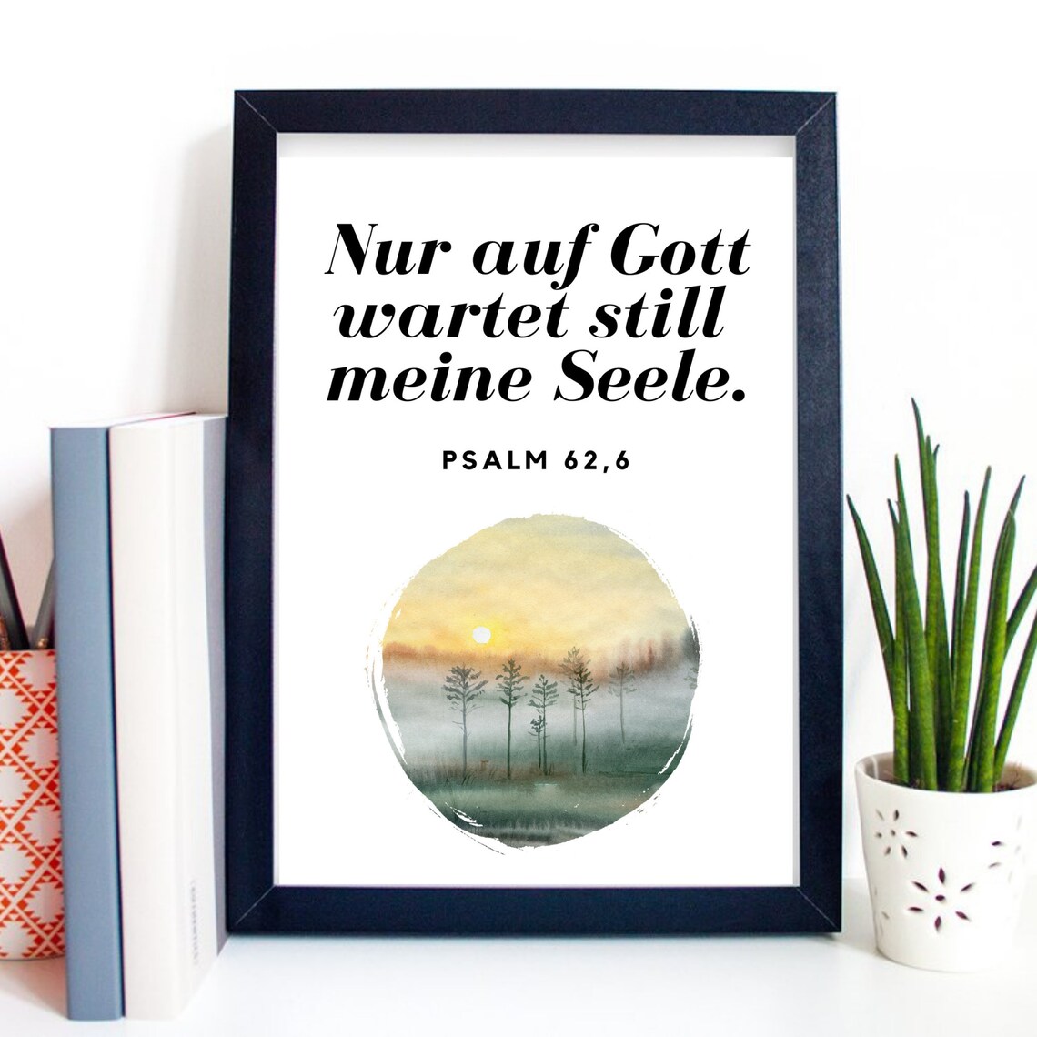 Psalm 626 German Bible Verse My Soul Waits For God Watercolor Sunset Poster - Image 2
