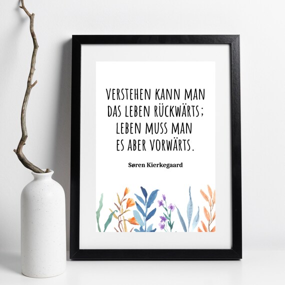 Soren Kierkegaard Life Quote German Typography Floral Watercolor Art Poster