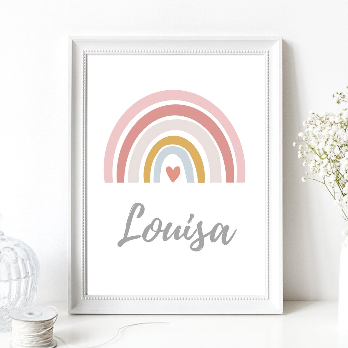 Pink Watercolor Rainbow Heart Personalized Name Kids Room Poster