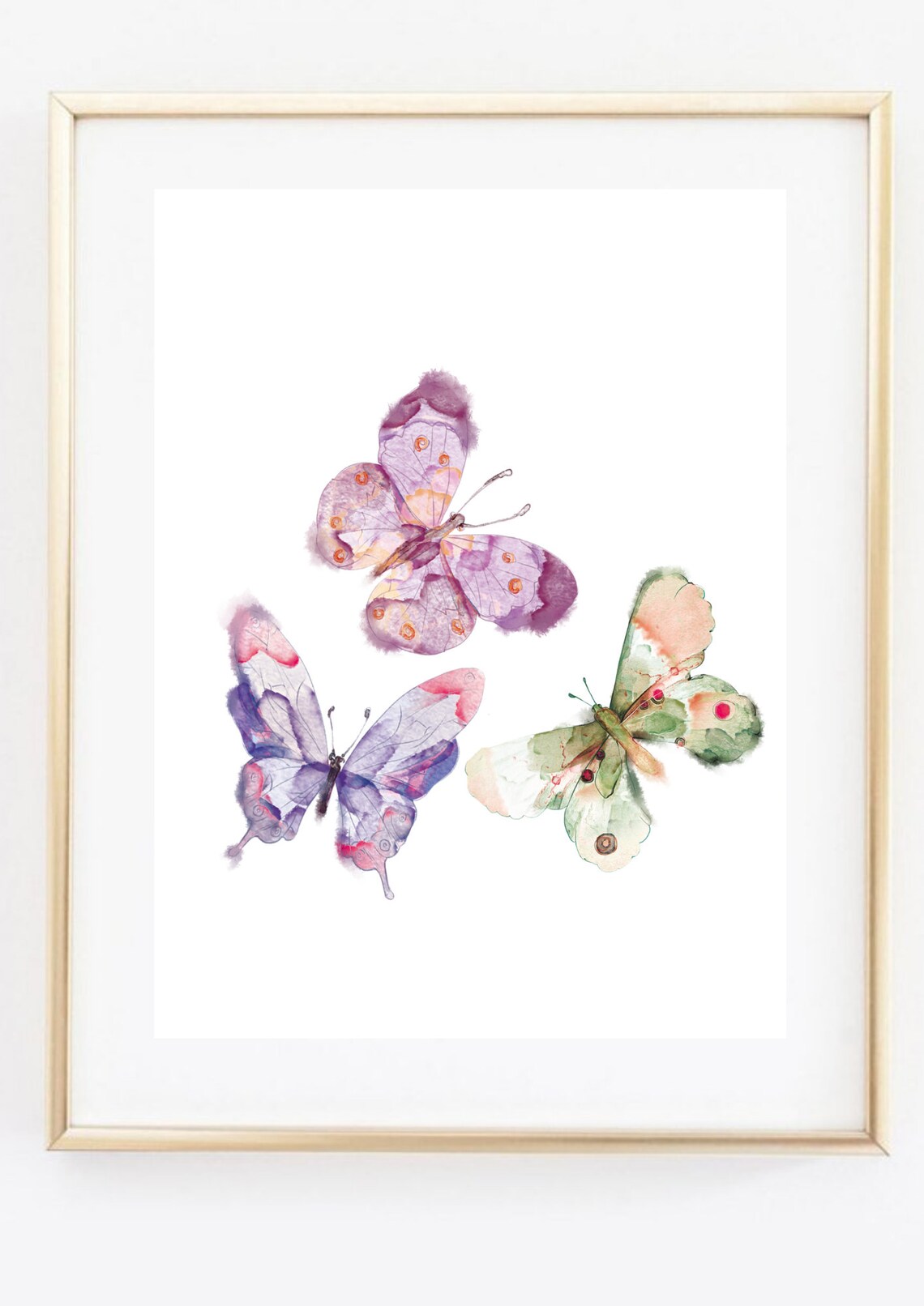 Watercolor Butterflies Pastel Purple Pink Green Trio Nature Wall Art - Image 2