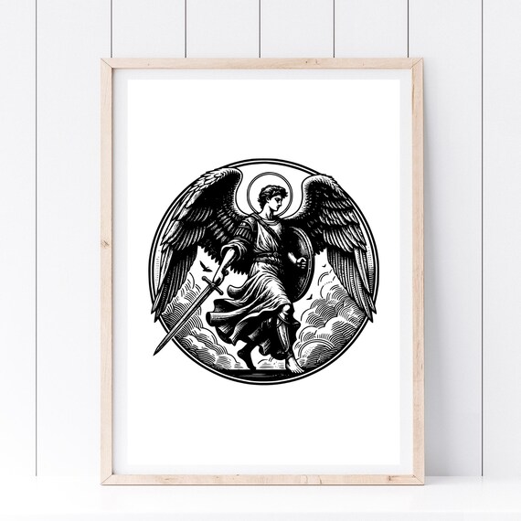 Archangel Michael Sword Shield Engraving Style Religious Angel Wall Print