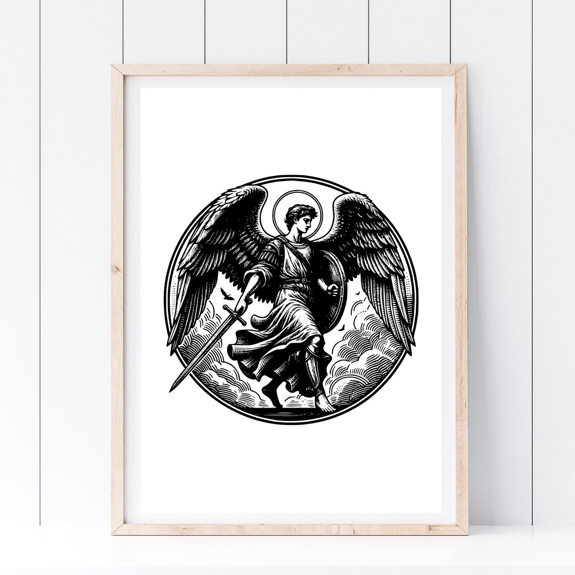 Archangel Michael Sword Shield Engraving Style Religious Angel Wall Print