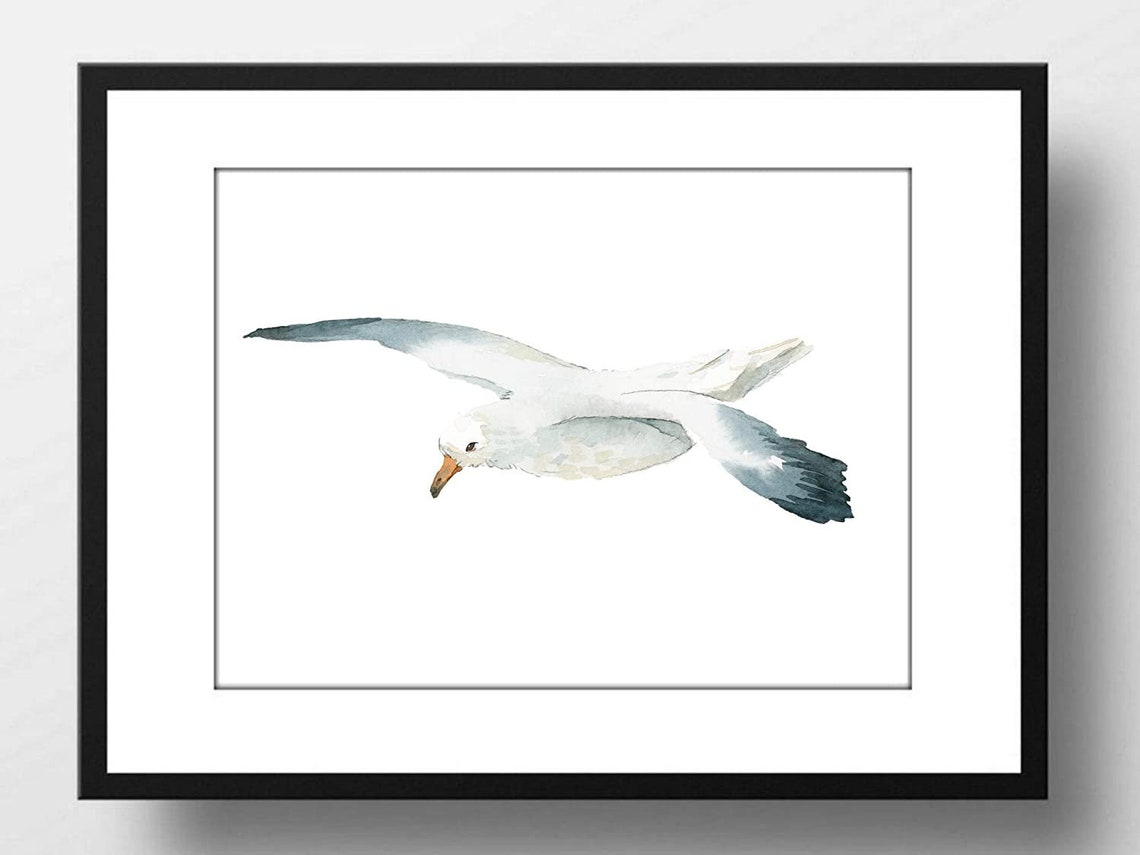 Gliding Seagull In Flight Watercolor Coastal Nautical Bird Poster