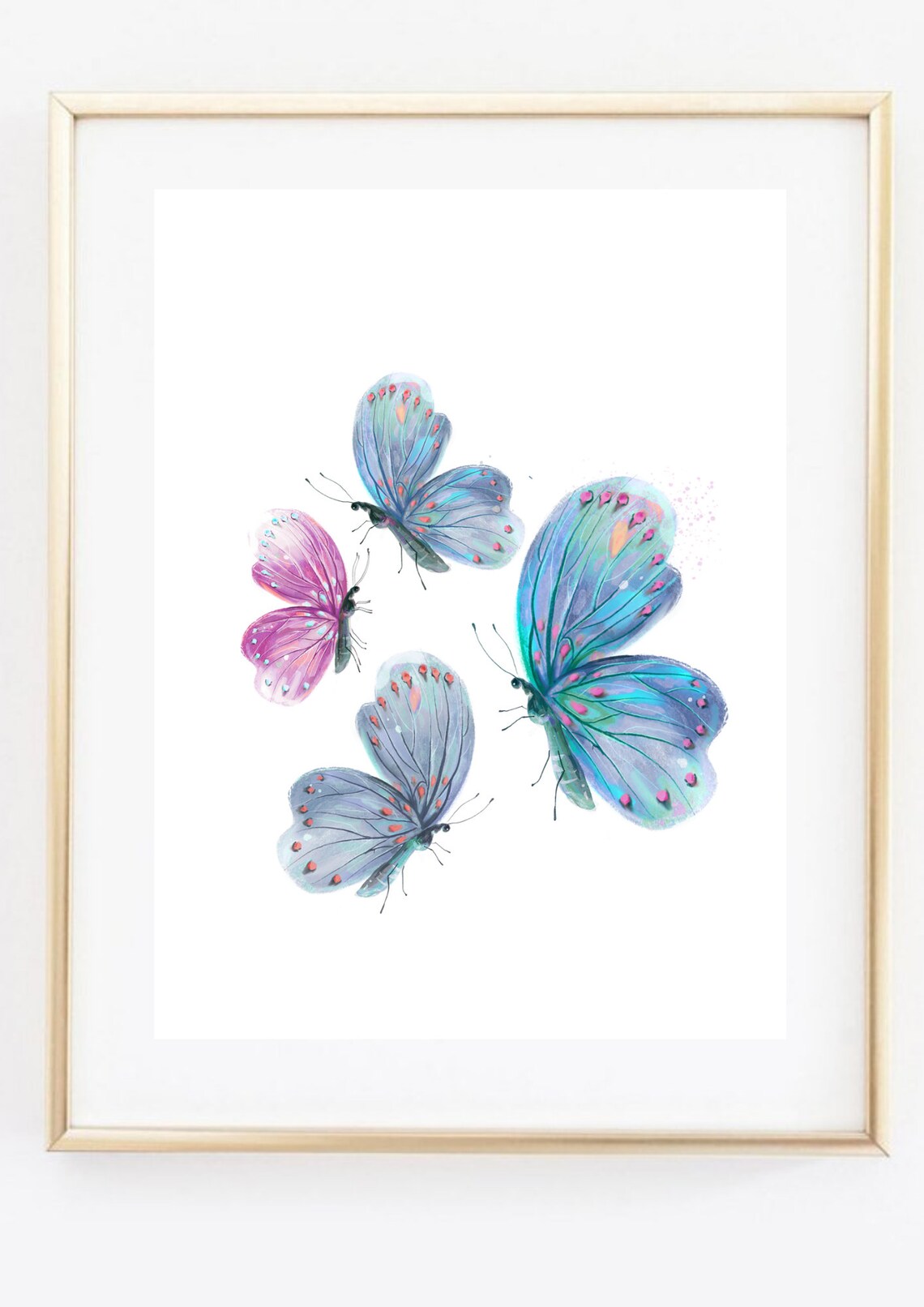 Pastel Butterflies Watercolor Blue Pink Purple Group Nature Art Poster - Image 2