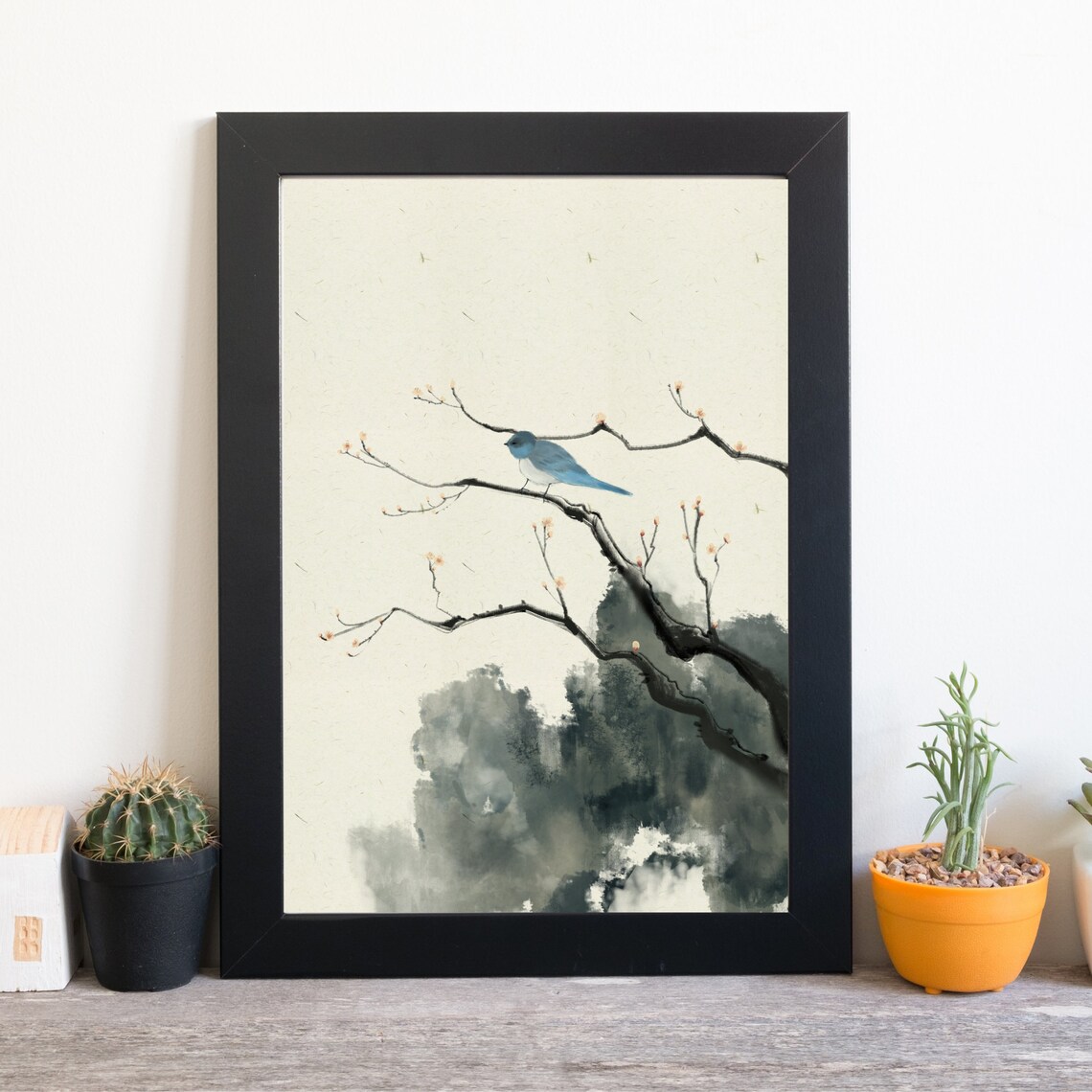 Chinese Ink Painting Blue Bird On Branch Misty Mountain Wall Art - Image 2