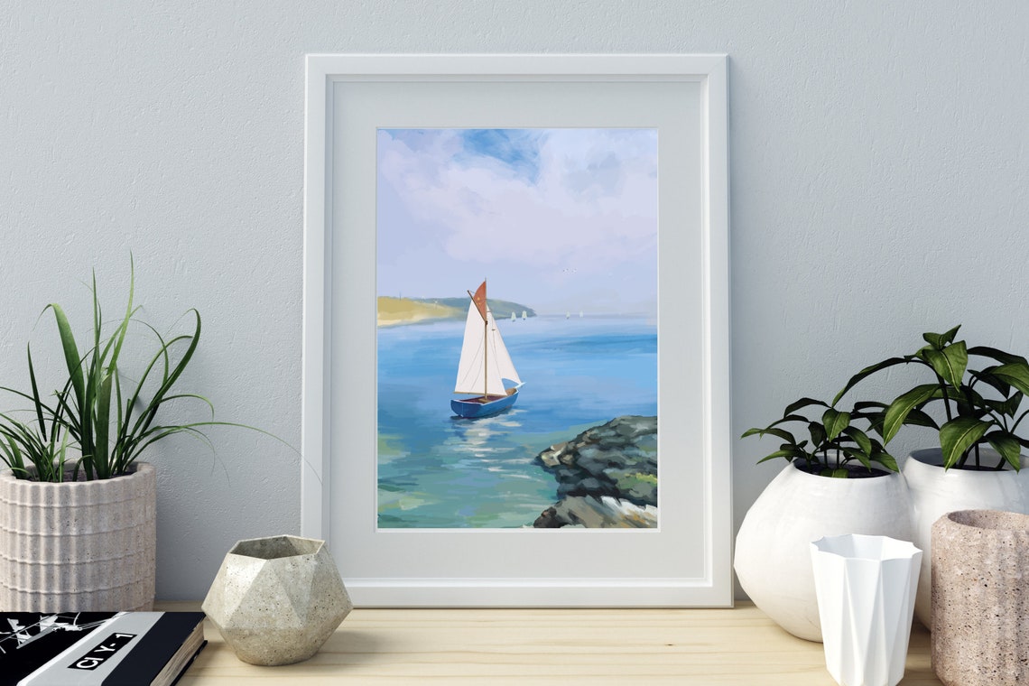 Sailboat On Calm Blue Bay Coastal Watercolor Seascape Wall Art Poster - Image 2