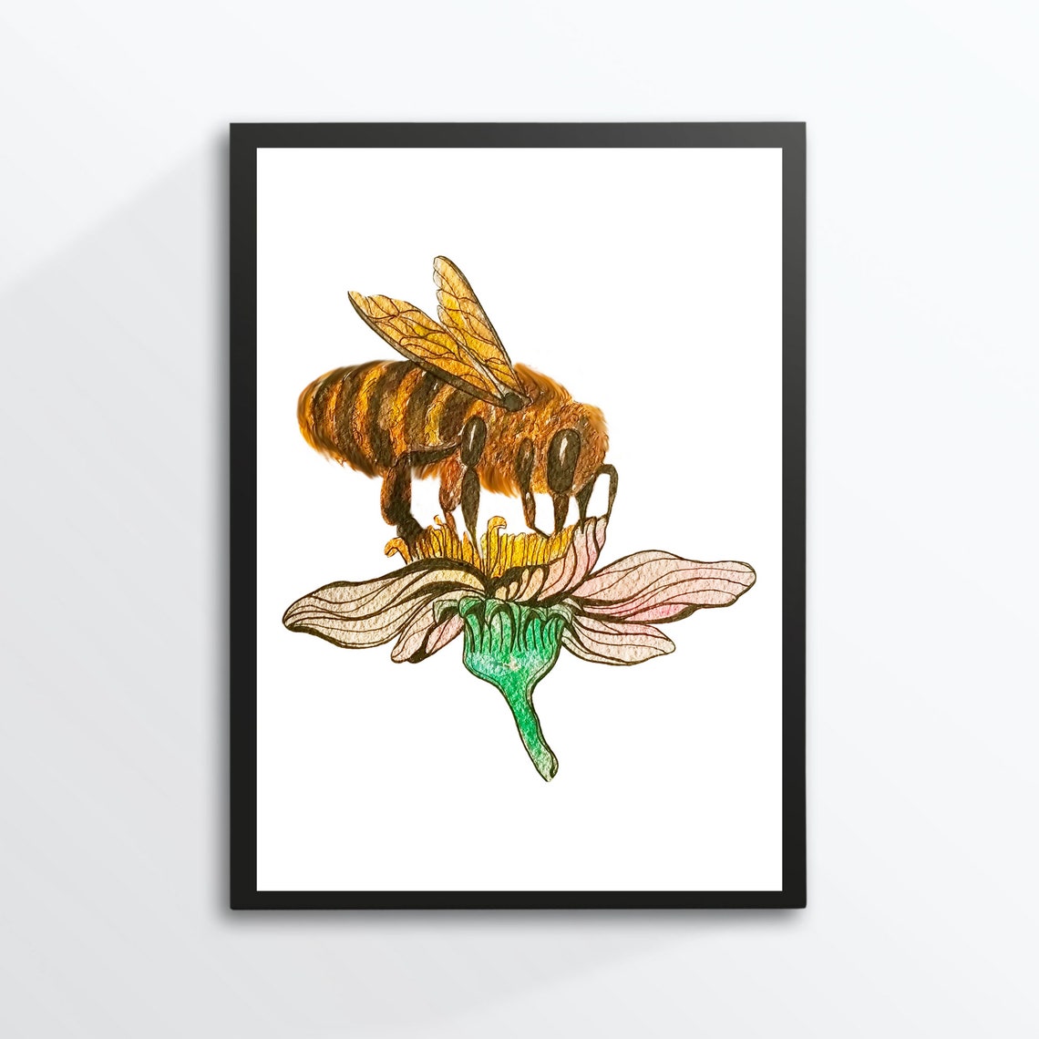 Din A4 Art Print Without Frame Bee On Flower Honey Bee Insect Beekeeper Beekeeping Drawing Picture Poster Gift