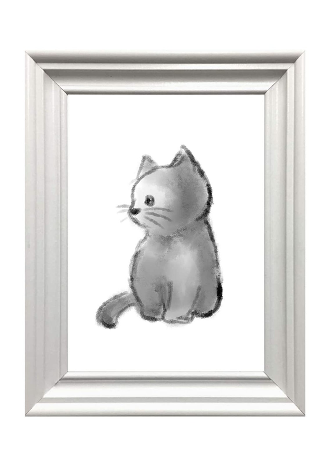 Gray Ink Wash Kitten Sitting Minimal Cute Cat Watercolor Wall Art - Image 3