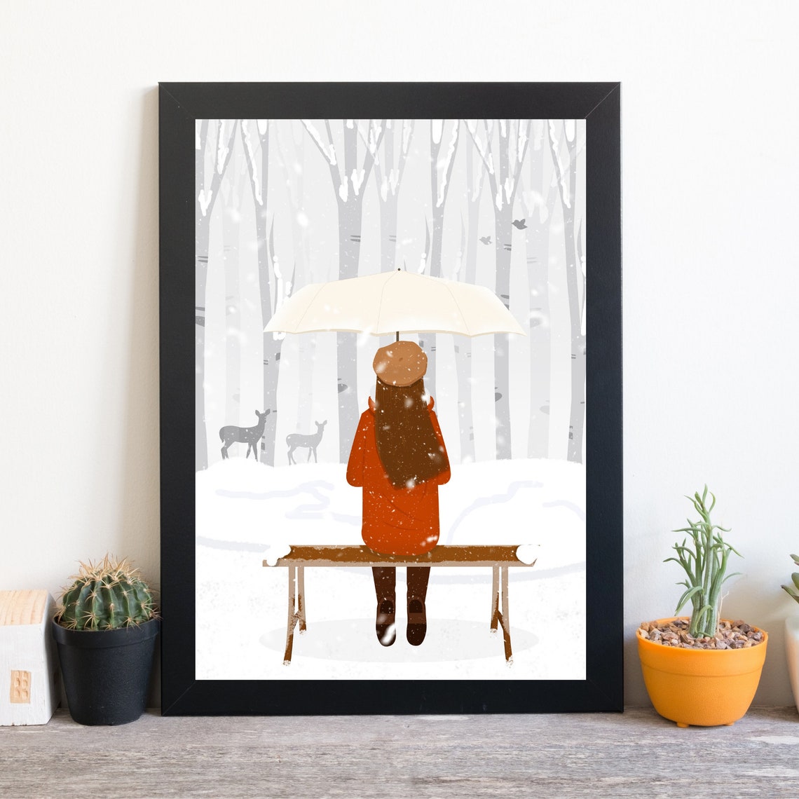 Girl With Umbrella Snowy Winter Forest Deer Bench Cozy Wall Art Print - Image 2