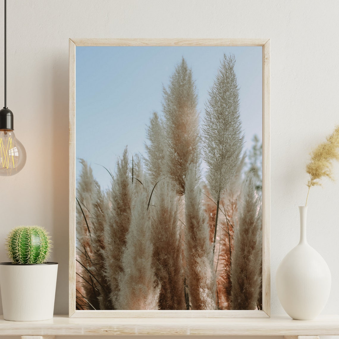 Pampas Grass Plumes Against Blue Sky Boho Nature Photo Print