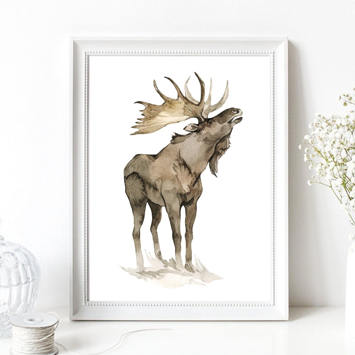 Moose With Big Antlers Watercolor Woodland Wildlife Forest Art Poster