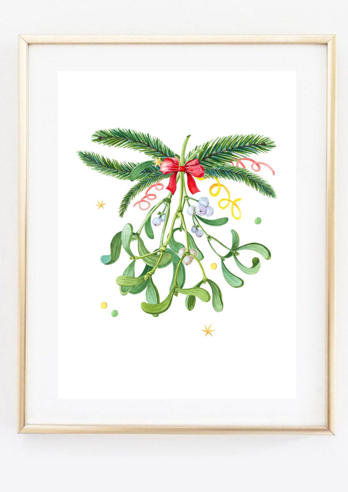 Mistletoe with Red Bow Watercolor Christmas Holiday Botanical Poster - Image 3