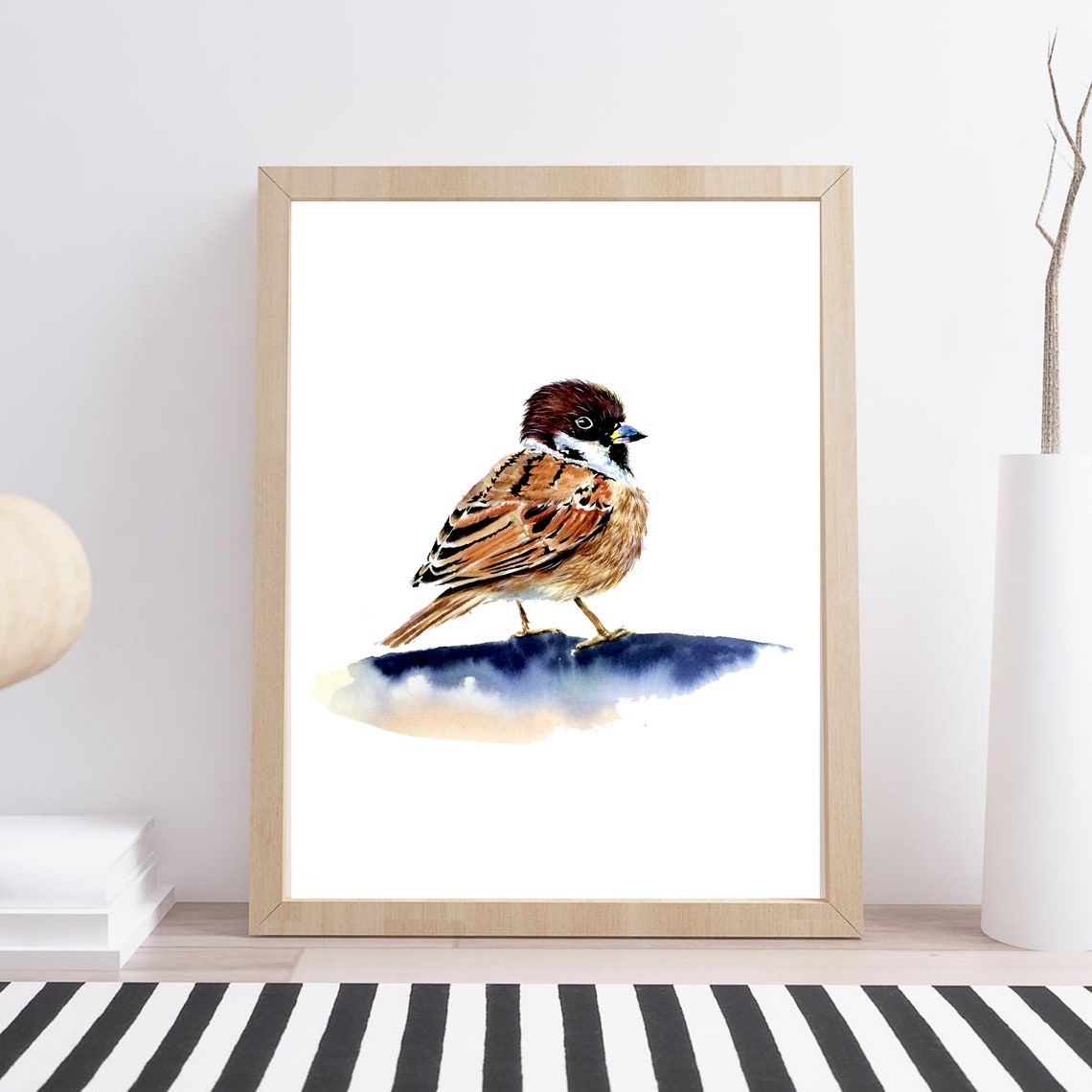 Sparrow Watercolor Brown Bird Standing On Blue Wash Art Poster - Image 2
