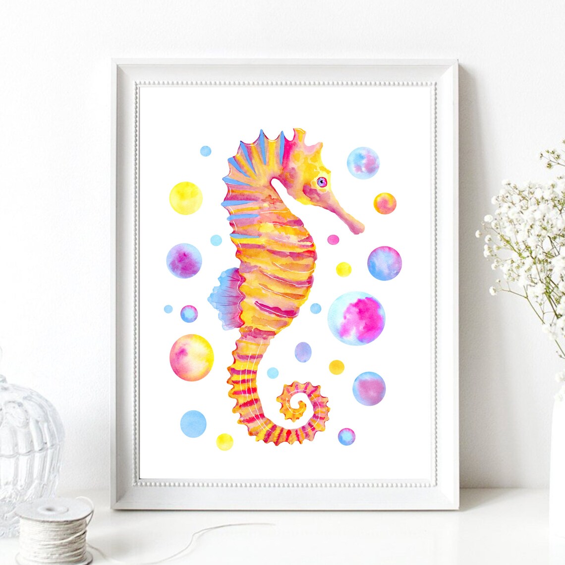 Rainbow Seahorse Colorful Watercolor Ocean Animal Kids Art Print