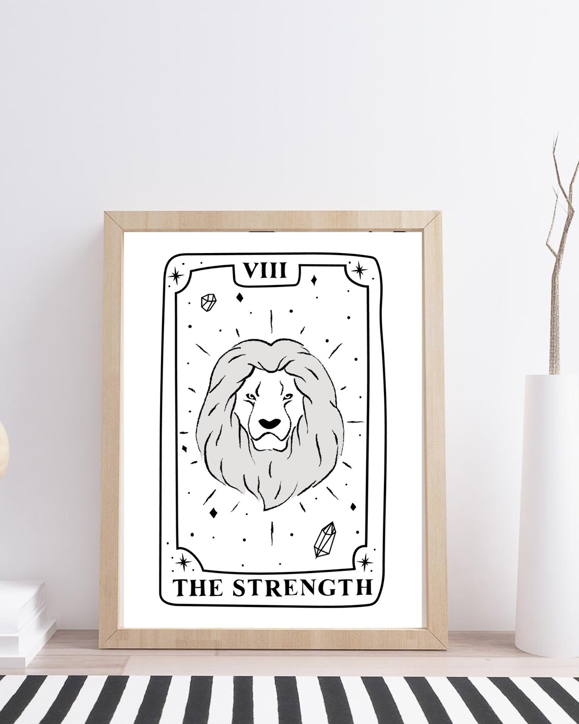 The Strength Tarot Card VIII Lion Line Art Black White Esoteric Wall Poster - Image 2