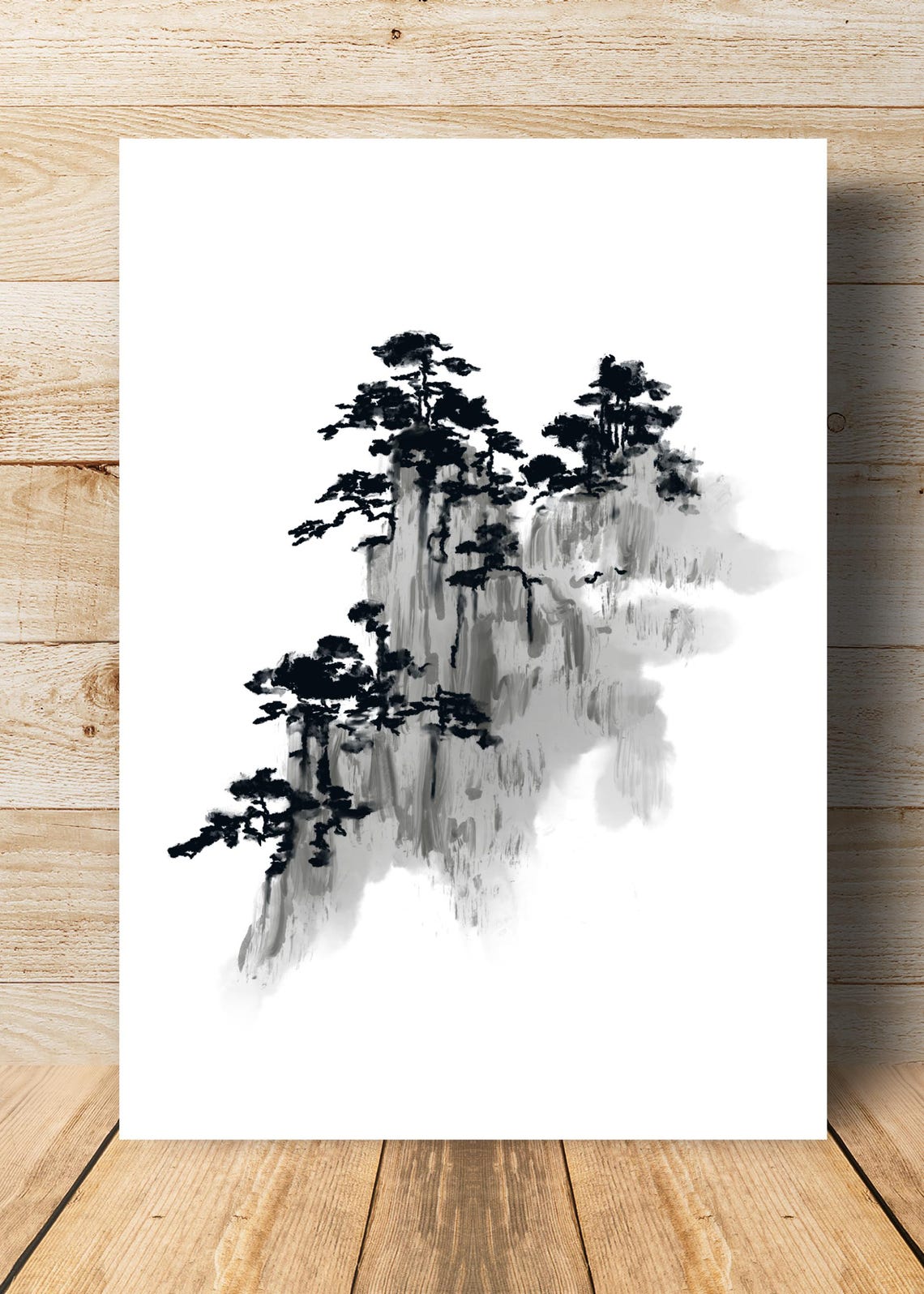 Asian Ink Pine Trees Mountain Cliff Sumi E Misty Japanese Art Poster - Image 3