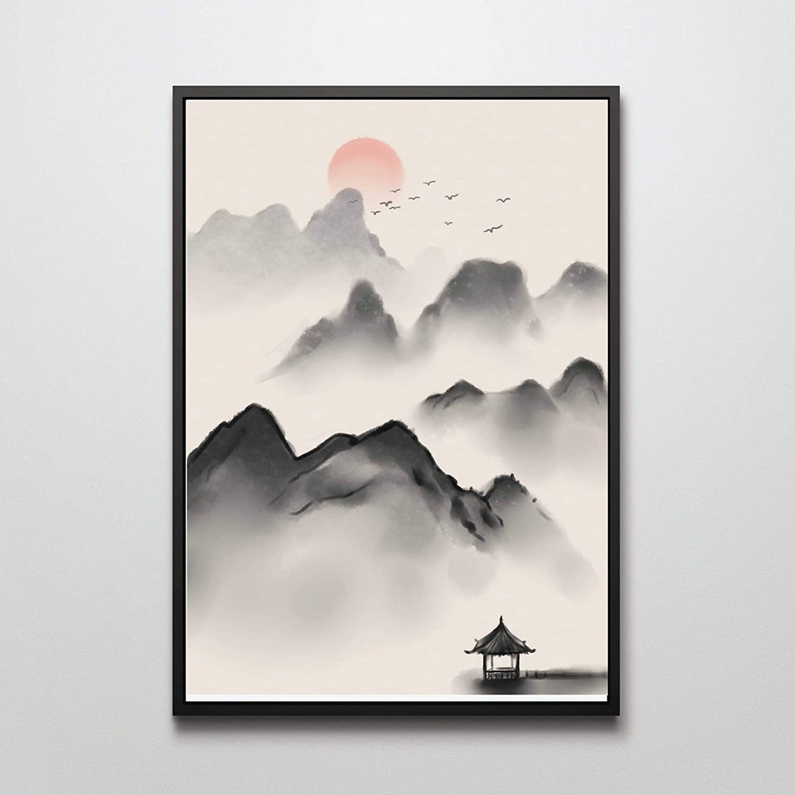Japanese Ink Mountain Mist Red Sun Pagoda Landscape Art Poster - Image 3