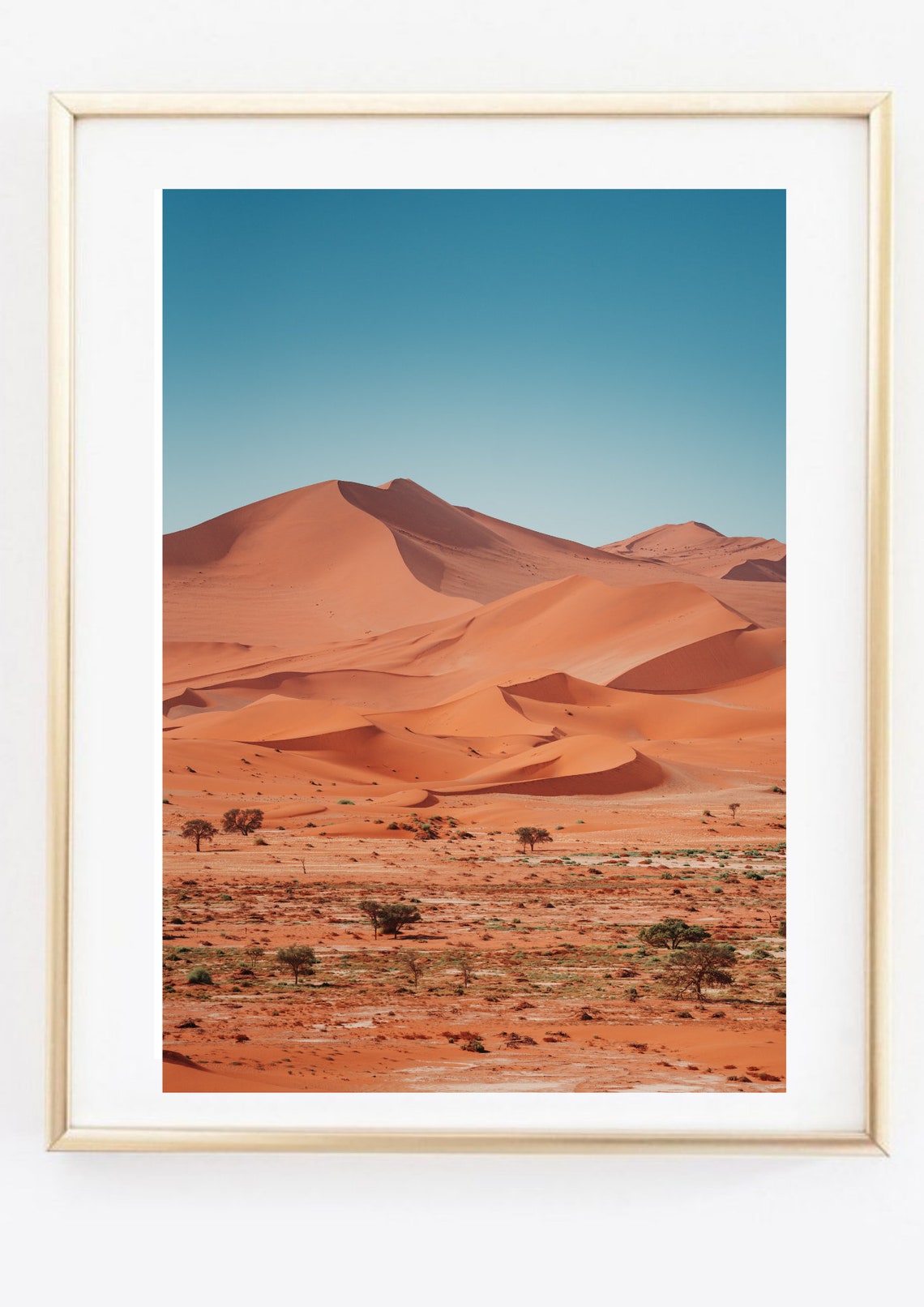 Red Desert Sand Dunes under Blue Sky Landscape Photography Poster