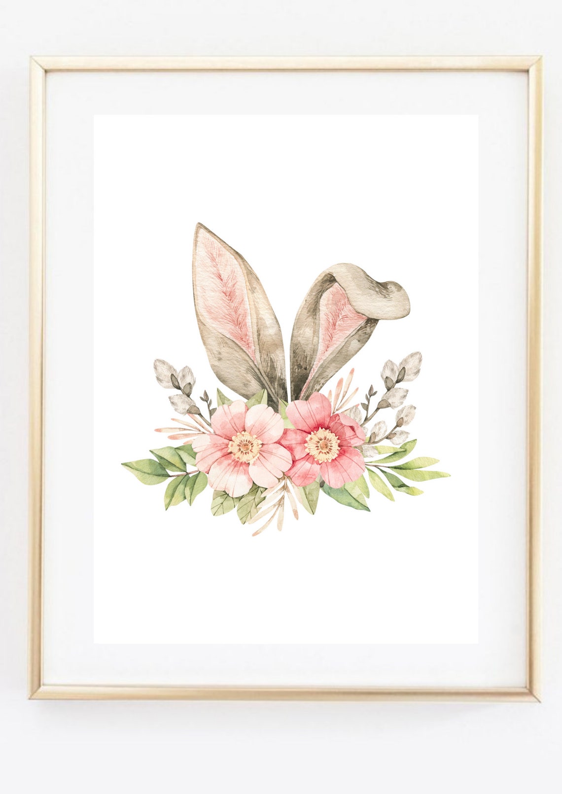 Floral Bunny Ears Pink Blossoms Greenery Easter Watercolor Print - Image 3