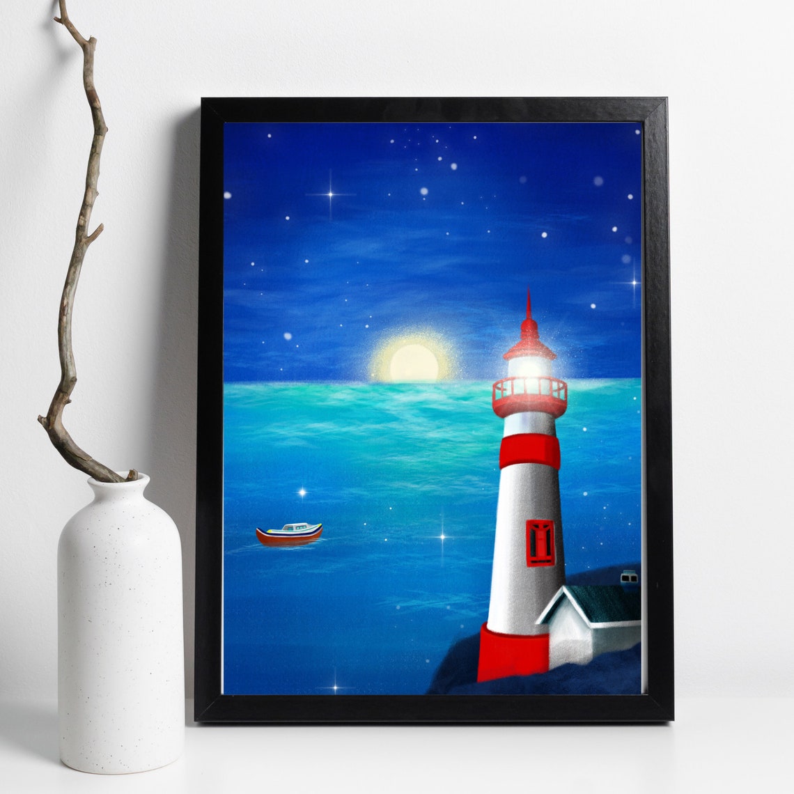 Red White Lighthouse Night Coast Moonlit Sea Boat Art Poster - Image 3