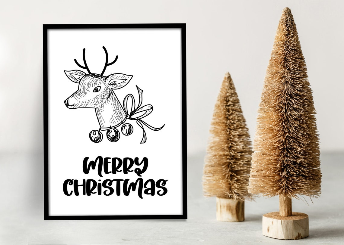 Black and White Reindeer Head Sketch Merry Christmas Typography Poster - Image 2