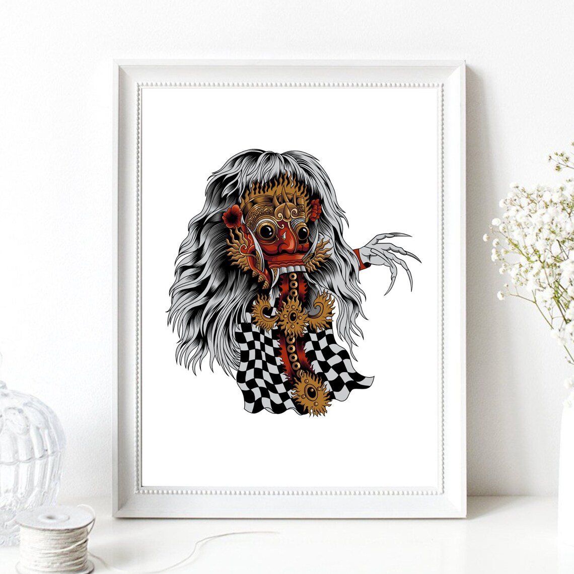 Rangda Balinese Goddess Witch Hindu Barong Mask Illustration Wall Art Print - Image 2